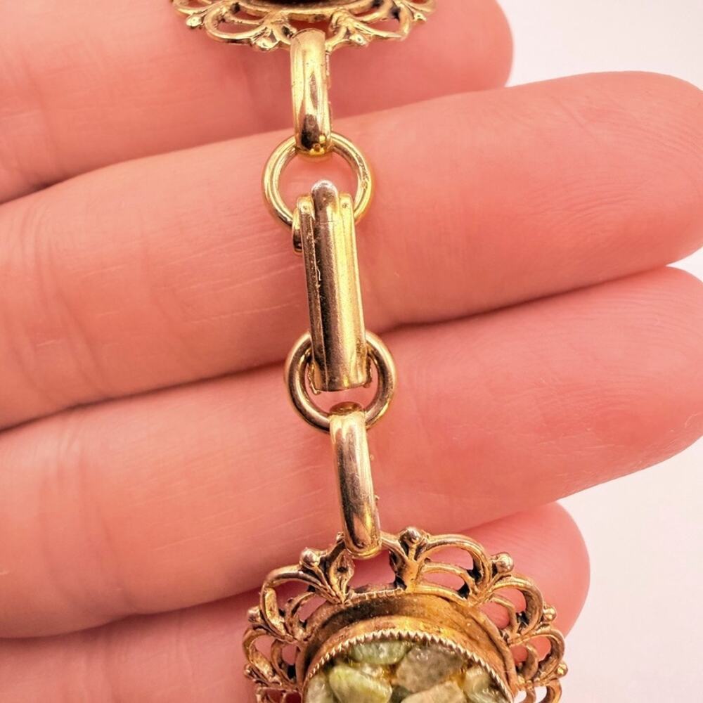 Vtg Oval Jade Chip Cluster Confetti Panel Link Bracelet Gold Tone Filigree 7" - Picture 9 of 10